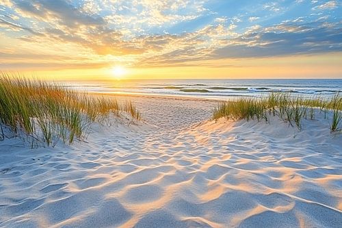 Plage au coucher du soleil avec dunes
