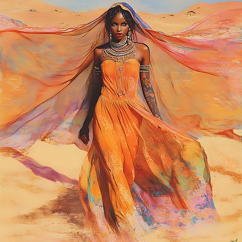 Exotische schoonheid met sluier en oranje jurk