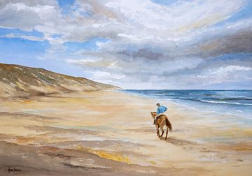 Paardrijden op het strand. Aquarel op papier van Galerie Ringoot