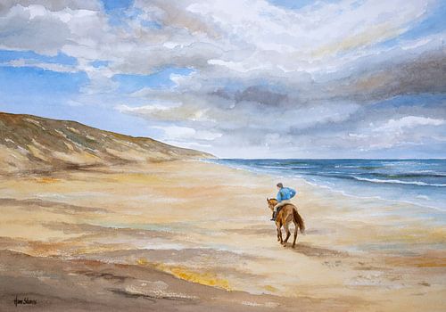 Horse riding on the North Sea beach. Watercolour on paper
