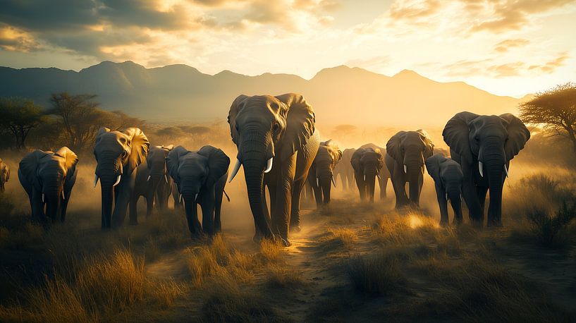 Majestic Elephant Herd at Sunset by Lisa Bovenlander