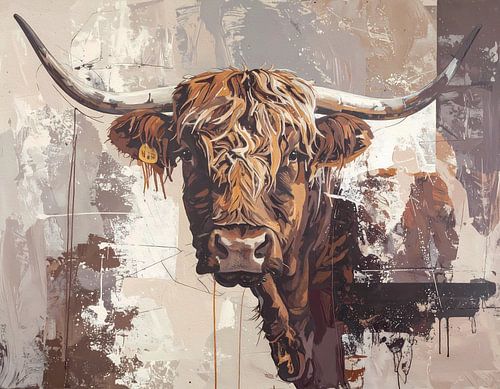 Schotse hooglander met hoorns - kunstwerk in taupe beige creme r