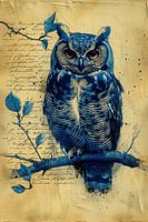 Tekening, chinese inkt, aquarel, uil -4