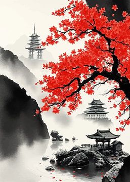 Paysage japonais avec pagodes et feuilles rouges