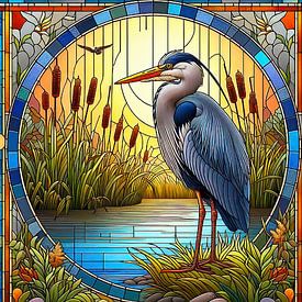 Blue heron at ditch side in stained glass style by Digital Art Nederland