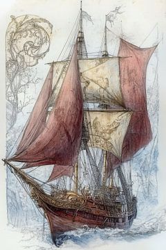 Gedetailleerde afbeelding van een zeilschip, artistiek, klassiek, Rood, Beige, Bruin, Blauw van Peter Pen tekeningen en schilderijen