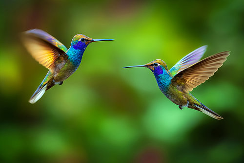 Ontmoeting tijdens de vlucht: twee oranjekakenkolibries (Urochroa bougueri) in perfecte symmetrie