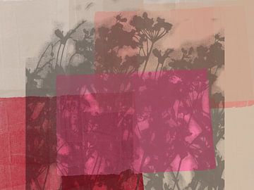 Taupefarbene Blumen auf Rot, Neonpink und Weiß von Dina Dankers