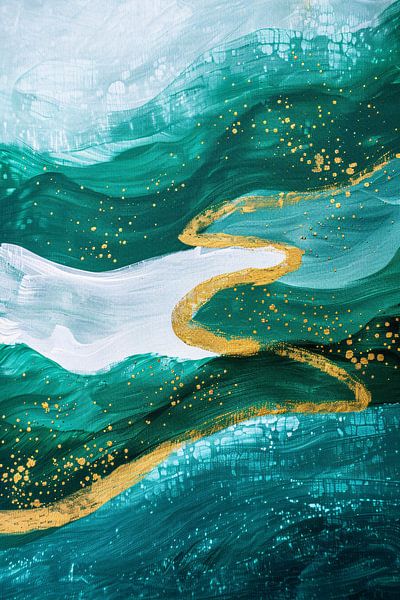 Abstract painting with green and gold accents by Art & Soul Creations