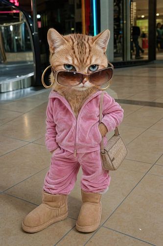 Modeverslaafde kat in roze trainingspak