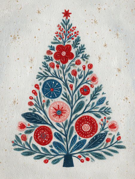 Moderner Weihnachtsbaum mit Blumen und botanischen Details in festlichen Farben von But First Framing