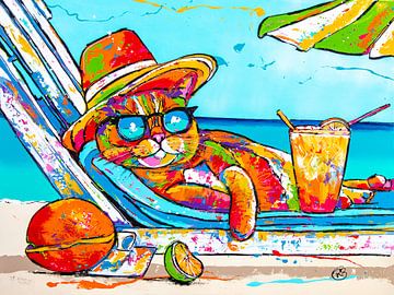 Relaxte kat op het strand van Happy Paintings