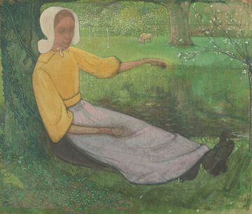 Huizer vrouw zittend onder een boom, Richard Nicolaüs Roland Holst, 1888 - 1895