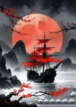 Japanisches Landschaftsschiff unter rotem Mond von MIROKKU