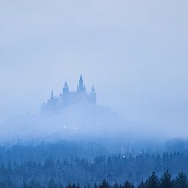 Kasteel Hohenzollern in de vroege ochtendmist troont boven de bossen van de Schwäbische Alb van Capture ME Drohnenfotografie