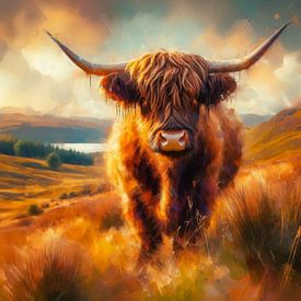 Highlander Rindfleisch in malerischem Stil mit goldenem Glanz von Ellen Van Loon