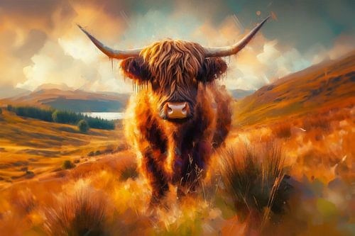 Highlander Rindfleisch in malerischem Stil mit goldenem Glanz