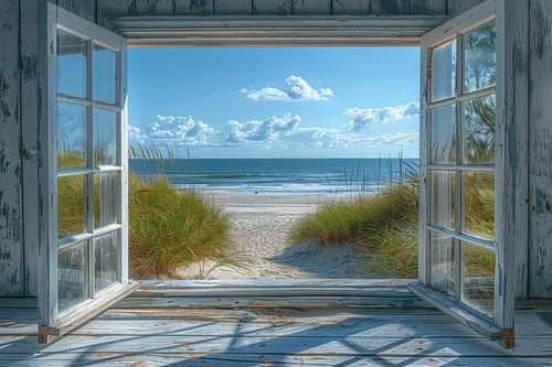 Uitzicht door een open raam op het strand van Poster Art Shop