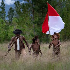 Jungen vom Stamm der Dani mit der indonesischen Flagge von Anges van der Logt