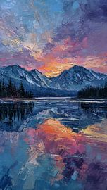 Vibrant Mountain Lake Sunset Impasto Oil Painting - by Artistic