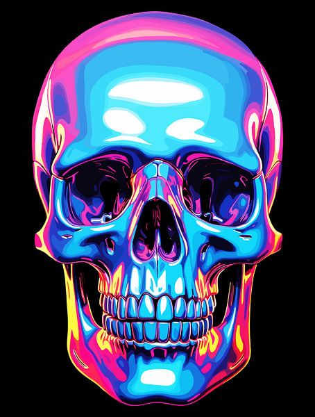 Neon Abstracte Schedel Muurkunst - Modern Digitaal Kunstwerk van Ramy Salah Hefny