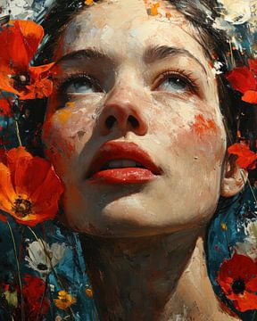 Abstract Portrait of Woman with Poppies van Eva Lee