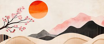 Berglandschap met kersenbloesem en zon van Poster Art Shop