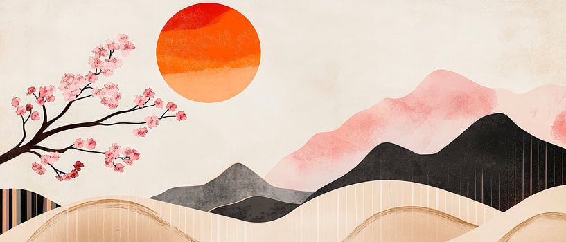 Berglandschap met kersenbloesem en zon van Poster Art Shop