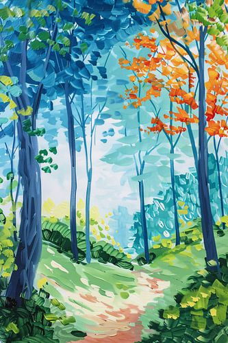 Kleurrijk abstract schilderij van een boslandschap