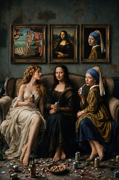 Mona Lisa und ihre Freundinnen chillen auf dem Sofa