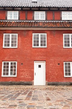 Rote Häuser mit weißen Türen in einer Straße in Kopenhagen