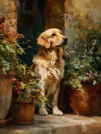 Golden Retriever amongst flower pots by Erika Kaisersot