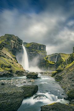 View on the Haifoss waterfall from the Fossa river in Iceland