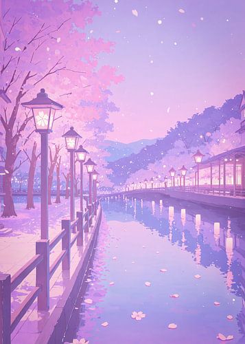 Anime Szenerie Fluss Kirschblüte Sakura Japan