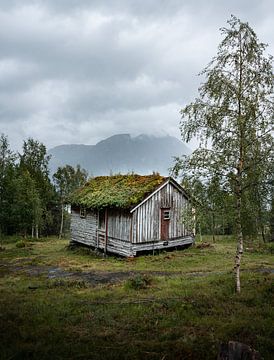 Berghut in Noorwegen op een regenachtige dag