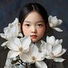 Portret van een meisje met witte magnolia's van StudioMaria.nl