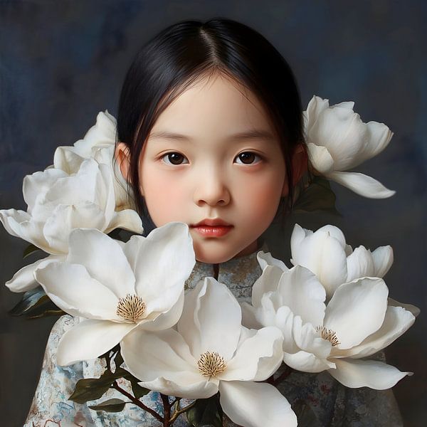 Porträt eines chinesischen Mädchens mit weißen Magnolien's von StudioMaria.nl
