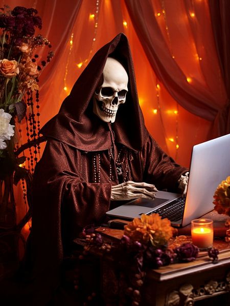 surreal Halloween skeleton monk cowl laptop candlelight by gm_designs
