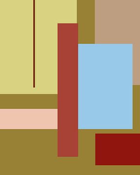 Geometrische retro kleurenblokken in olijfgroen, lichtblauw, rood en geel