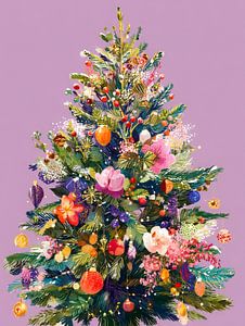 Fröhlicher, farbenfroher Weihnachtsbaum voller Blumen und Festtagsschmuck