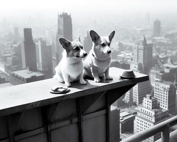 Rooftop lunch for two Corgis in New York by Vlindertuin Art