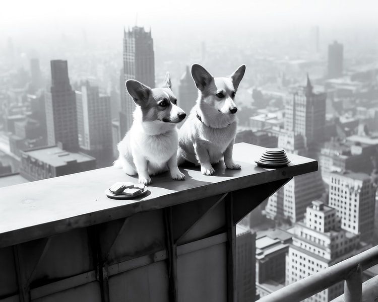 Rooftop lunch for two Corgis in New York by Vlindertuin-Art