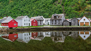Holzhäuser von Gamle Laerdalsoyri, Laerdal, Vestland, Norwegen