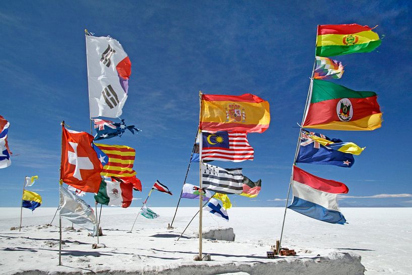 Flaggen vieler Nationen im Wind in der Salzwüste Boliviens von Lensw0rld