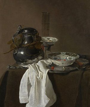 Nature morte avec une gourde en étain et deux bols Ming, Jan Jansz. Treck