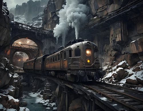 steampunk trein rijdt door een diep ravijn