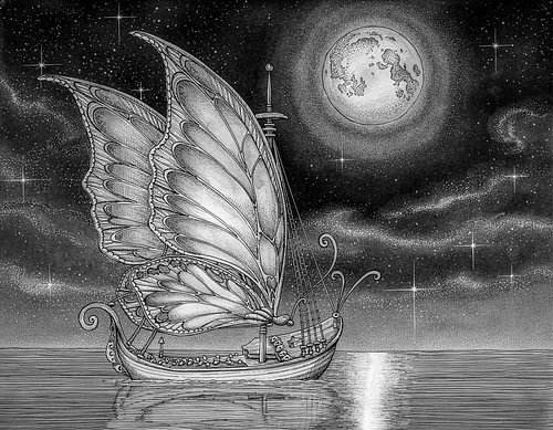 A hand-drawn illustration of an old sailing ship with butterfly sails and a full moon in a surreal world.