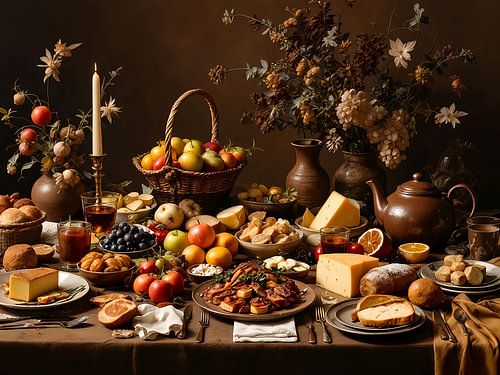 Brown table with bread, cheese and apples - warm classic still life