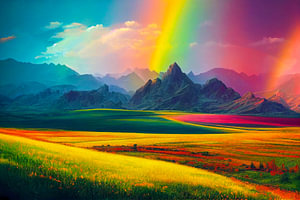 Regenbogen über einer Frühlings Landschaft Gemälde Illustration