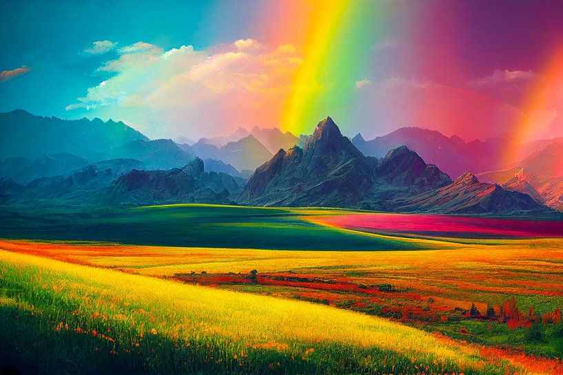 Regenbogen über einer Frühlings Landschaft Gemälde Illustration von Animaflora PicsStock